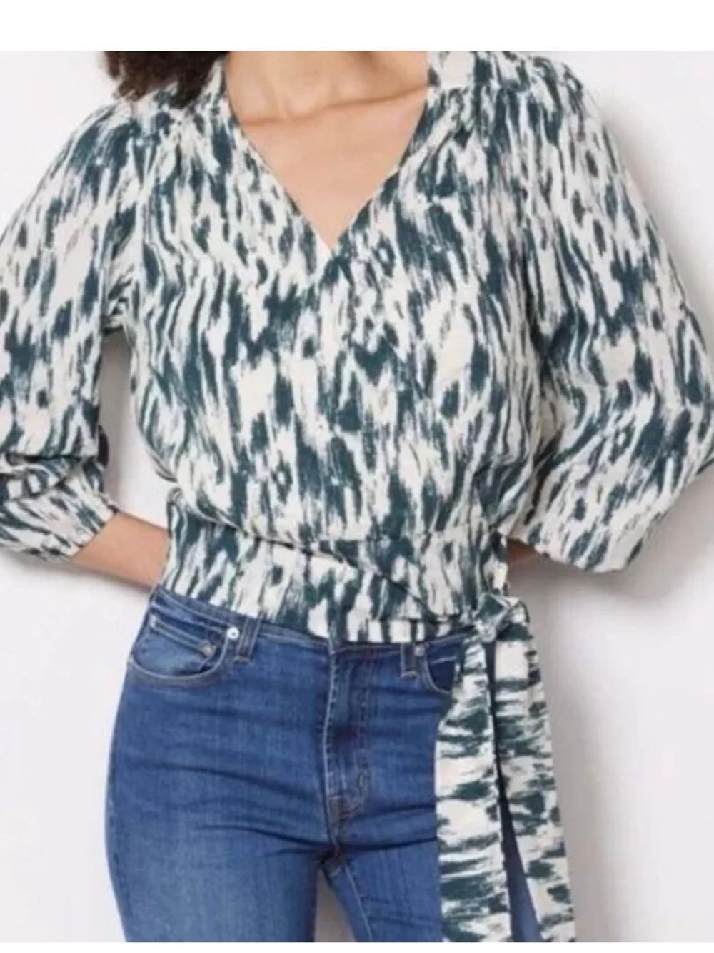 Evereve Green and White Printed Wrap Blouse